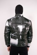 Cityscape Streetwear Puffer Jacket with Digital Print and Down Padding