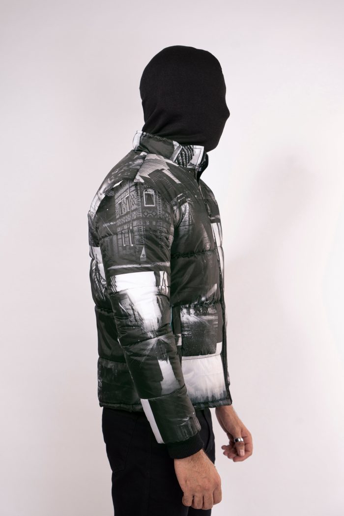 Cityscape Streetwear Puffer Jacket with Digital Print and Down Padding