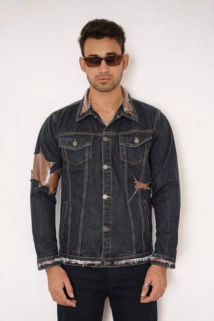 Leather Remix Denim Jacket with Faux Leather Patches