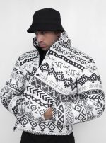 Aztec Print Puffer Jacket with Down Padding and Matte Black Buttons