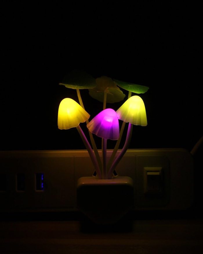 Color-changing Sensor LED Night Light with mushrooms and customizable flower arrangement in ceramic imitation pot