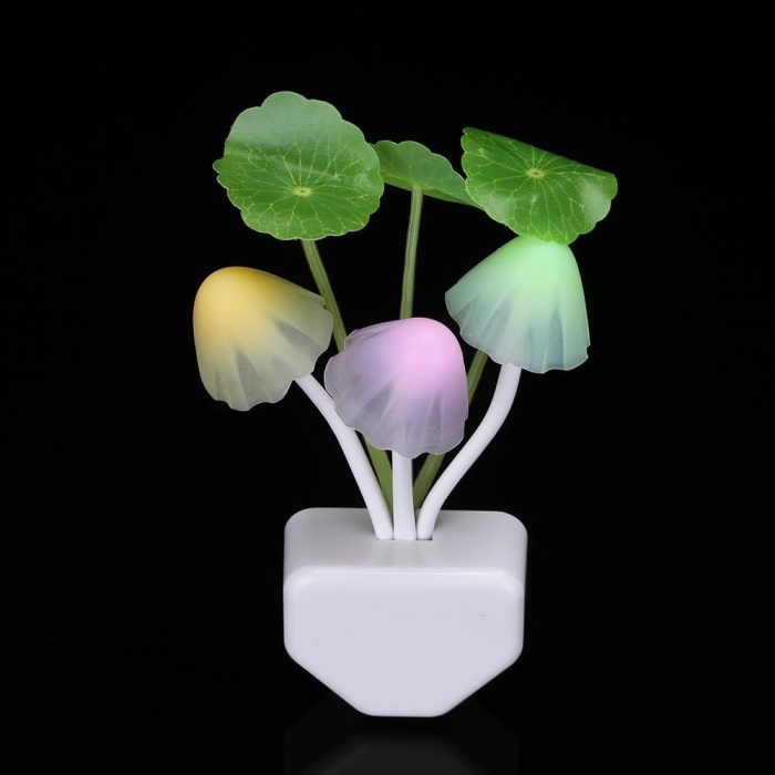 Color-changing Sensor LED Night Light with mushrooms and customizable flower arrangement in ceramic imitation pot