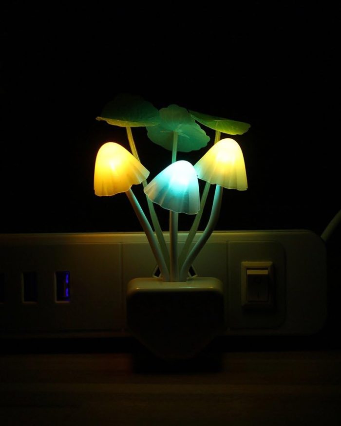 Color-changing Sensor LED Night Light with mushrooms and customizable flower arrangement in ceramic imitation pot