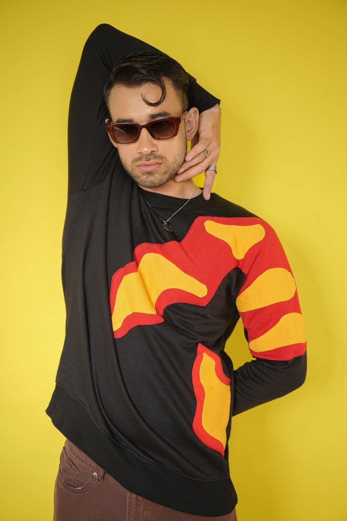 Rock Candy Patchwork Sweatshirt with Red and Yellow Design on Black Fleece