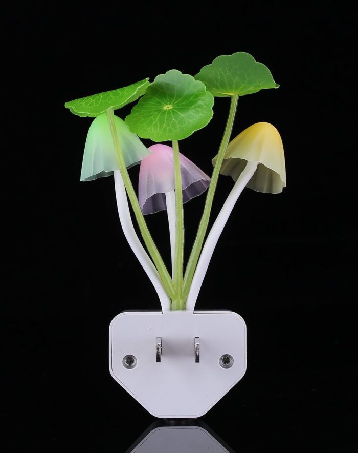 Color-changing Sensor LED Night Light with mushrooms and customizable flower arrangement in ceramic imitation pot