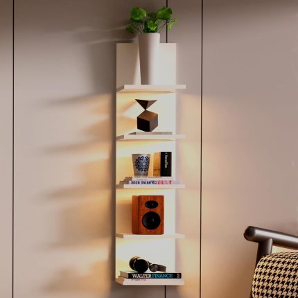 5 Tier wall shelves with LED light in white, floating vertical storage unit for home decor