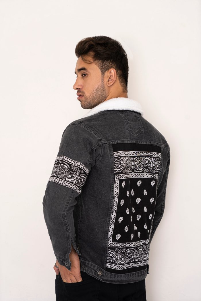 Grey Bandana Denim Jacket with Faux Shearling Lining and Bandana Patches