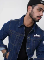 Blue Patchwork Denim Jacket with Faux Shearling Lining and Printed Patches