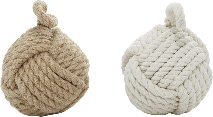 Jute rope knot decorative sculptures with multi-colored brown and white finishes, set of 2 with hanging loops