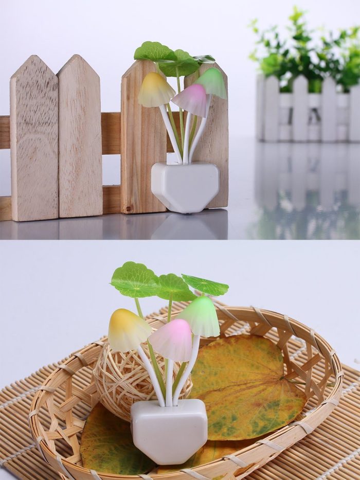 Color-changing Sensor LED Night Light with mushrooms and customizable flower arrangement in ceramic imitation pot