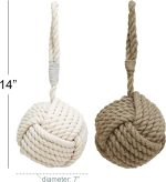 Jute rope knot decorative sculptures with multi-colored brown and white finishes, set of 2 with hanging loops