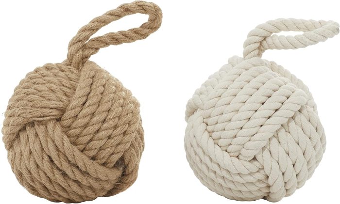 Jute rope knot decorative sculptures with multi-colored brown and white finishes, set of 2 with hanging loops