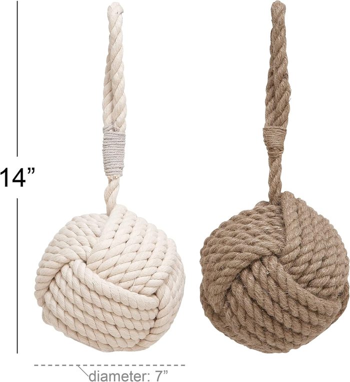 Jute rope knot decorative sculptures with multi-colored brown and white finishes, set of 2 with hanging loops