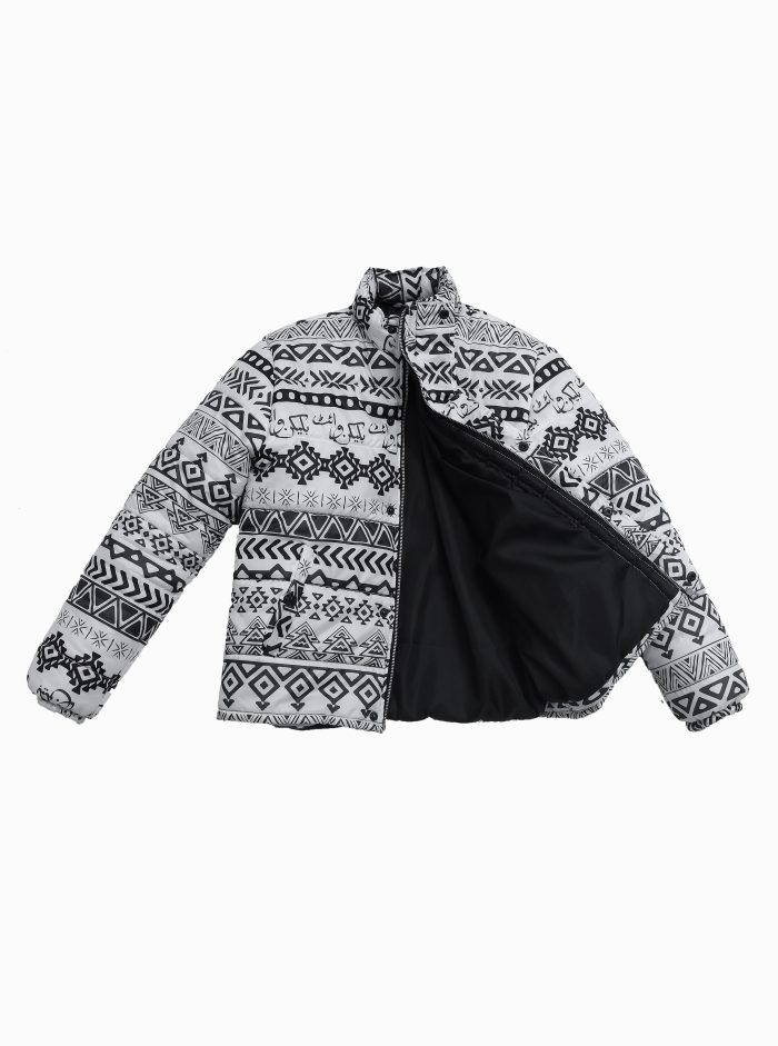 Aztec Print Puffer Jacket with Down Padding and Matte Black Buttons