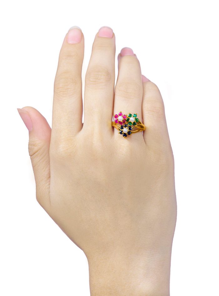 Trinity Gemstone Ring with Ruby, Emerald, Sapphire, and Pearl in Gold-Plated Sterling Silver