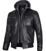 Men's black leather jacket with detachable hood and multi-pocket design