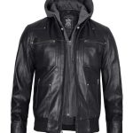 Men's black leather jacket with detachable hood and multi-pocket design