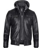 Men's black leather jacket with detachable hood and multi-pocket design