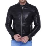 Men's slim-fit black leather jacket with zippered pockets and modern design