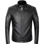 Men's black leather biker jacket with quilted shoulders and zipper design