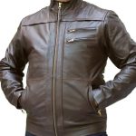 Men's brown leather casual jacket with dual chest zippers and relaxed fit