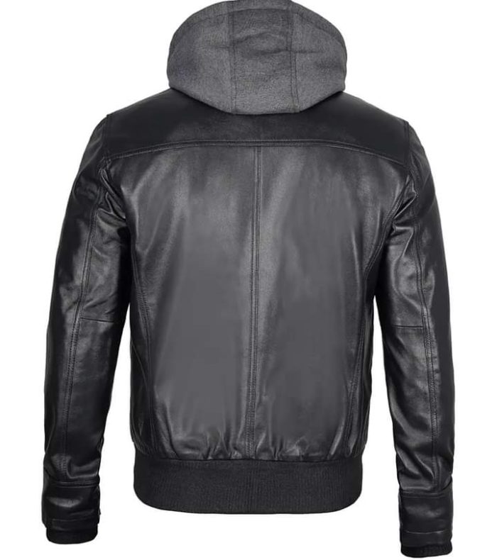 Men's black leather jacket with detachable hood and multi-pocket design