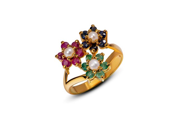 Trinity Gemstone Ring with Ruby, Emerald, Sapphire, and Pearl in Gold-Plated Sterling Silver