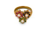 Trinity Gemstone Ring with Ruby, Emerald, Sapphire, and Pearl in Gold-Plated Sterling Silver