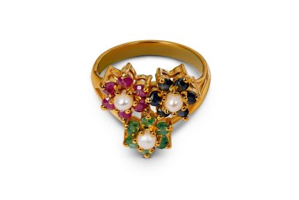 Trinity Gemstone Ring with Ruby, Emerald, Sapphire, and Pearl in Gold-Plated Sterling Silver