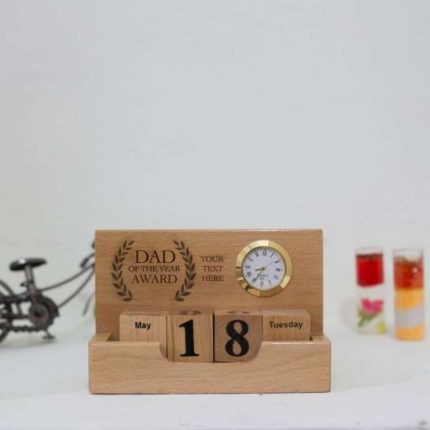 Personalized Wooden Table Calendar with Clock and Custom Engraving