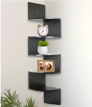 Greenco 5 Tier Corner Shelf with espresso finish, easy-to-assemble floating shelves for wall storage.