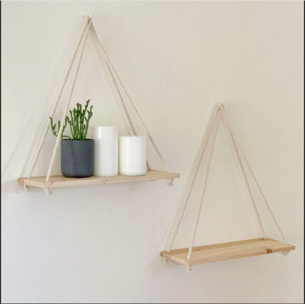 Wooden rope swing wall hanging shelf for plants and home decor