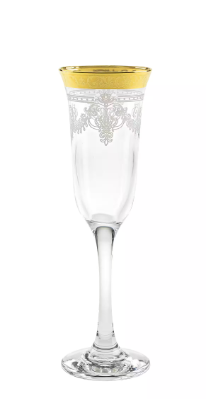 Set of 6 elegant flute glasses with stencil pattern and gold-banded rim, perfect for weddings and celebrations.