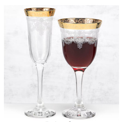 Set of 6 elegant flute glasses with stencil pattern and gold-banded rim, perfect for weddings and celebrations.