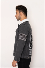 Grey Bandana Denim Jacket with Faux Shearling Lining and Bandana Patches