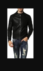 Men's slim-fit black leather jacket with zippered pockets and modern design