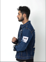 Blue Patchwork Denim Jacket with Faux Shearling Lining and Printed Patches