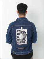 Blue Patchwork Denim Jacket with Faux Shearling Lining and Printed Patches