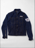 Blue Patchwork Denim Jacket with Faux Shearling Lining and Printed Patches