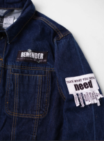 Blue Patchwork Denim Jacket with Faux Shearling Lining and Printed Patches