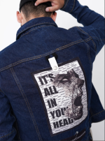 Blue Patchwork Denim Jacket with Faux Shearling Lining and Printed Patches