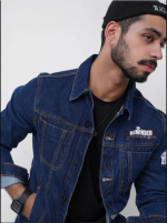 Blue Patchwork Denim Jacket with Faux Shearling Lining and Printed Patches