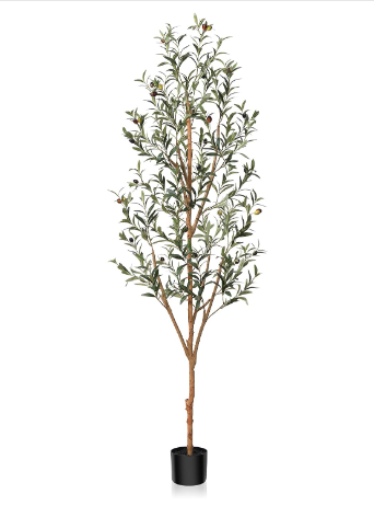 Kazeila 6FT artificial olive tree with lifelike leaves, natural wood trunk, and realistic olive fruits, in a durable potted base.