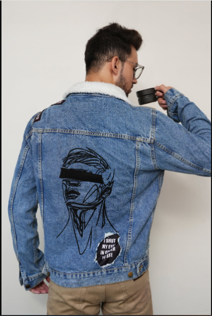 "Shut My Eyes" Denim Jacket with Hand Embroidery and Printed Patches