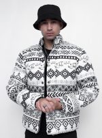 Aztec Print Puffer Jacket with Down Padding and Matte Black Buttons