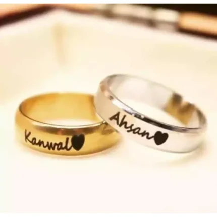 Personalized couple rings with engraved names and dates in Black, Silver, and Golden finishes