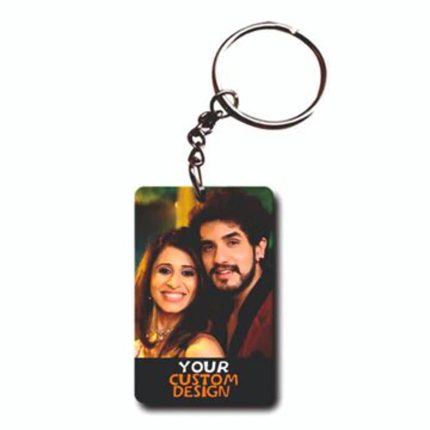 Customizable acrylic picture keychain with personalized name, photo, and text on both sides in a free gift box