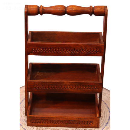 Handmade wooden spoon stand with 3 racks, carved from Sheesham wood – perfect for organizing kitchen utensils.