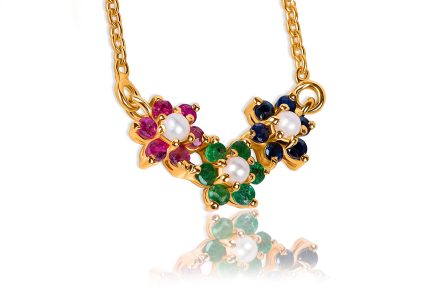 Trinity Necklace with Ruby, Emerald, Sapphire, and Natural Pearl – Gold Plated