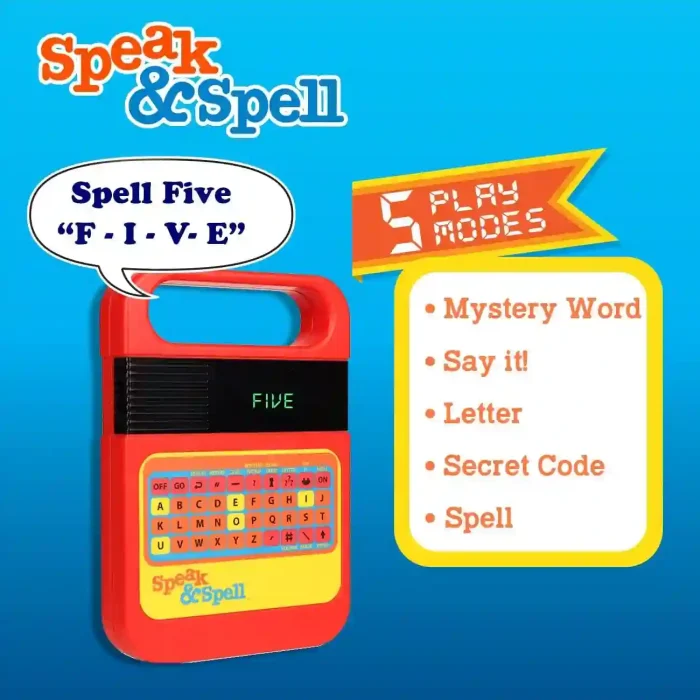 Speak & Spell Electronic Game with 80s design, educational spelling modes, and handheld arcade-style for kids